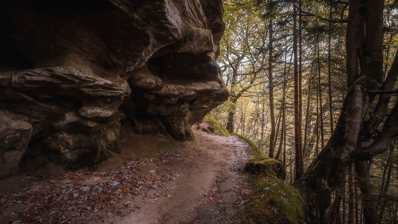 A rock overhang above a footpath.