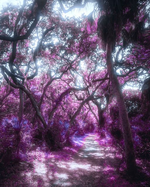 A bright path through arched limbs, canopy and floor in magenta.