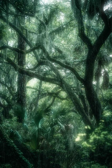Crossing oak limbs over palmetto fans in green light.